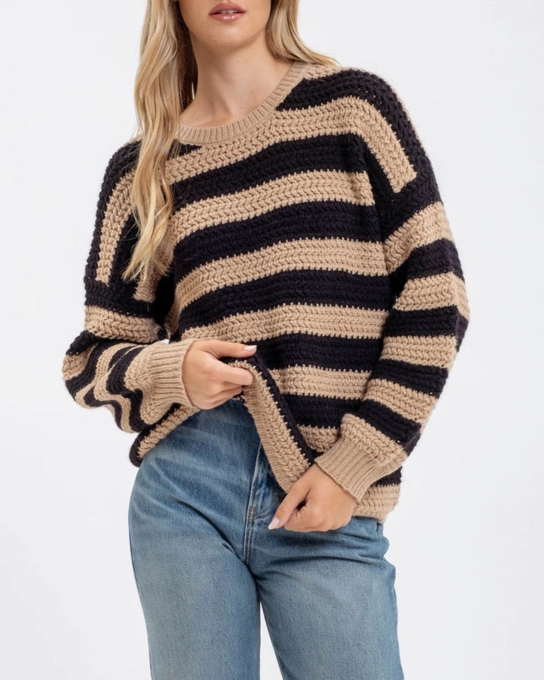 Taupe and Black chunky stripe crew neck relaxed sweater.