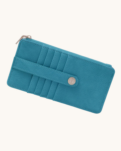 Teal wallet with zipper on a white background.