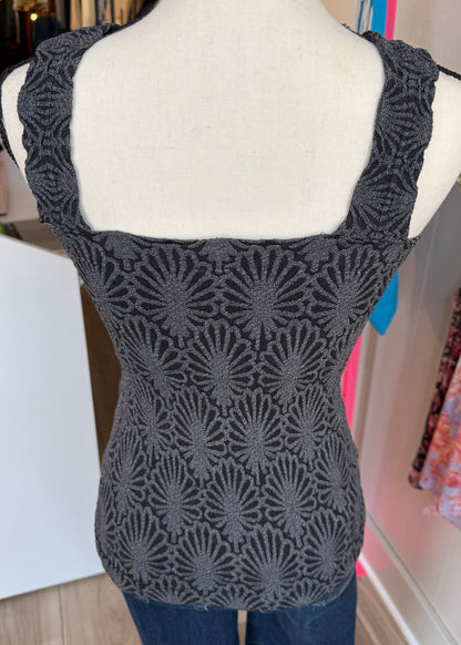 Charcoal fitted tank top with floral texture, square neckline and stretchy knit.