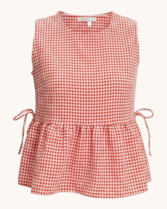 Red and white checkered sleeveless top on a white background