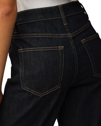 Dark blue jeans with a white background.