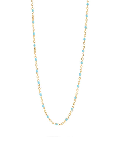 Turquoise Bead Necklace with gold chain on a white background.