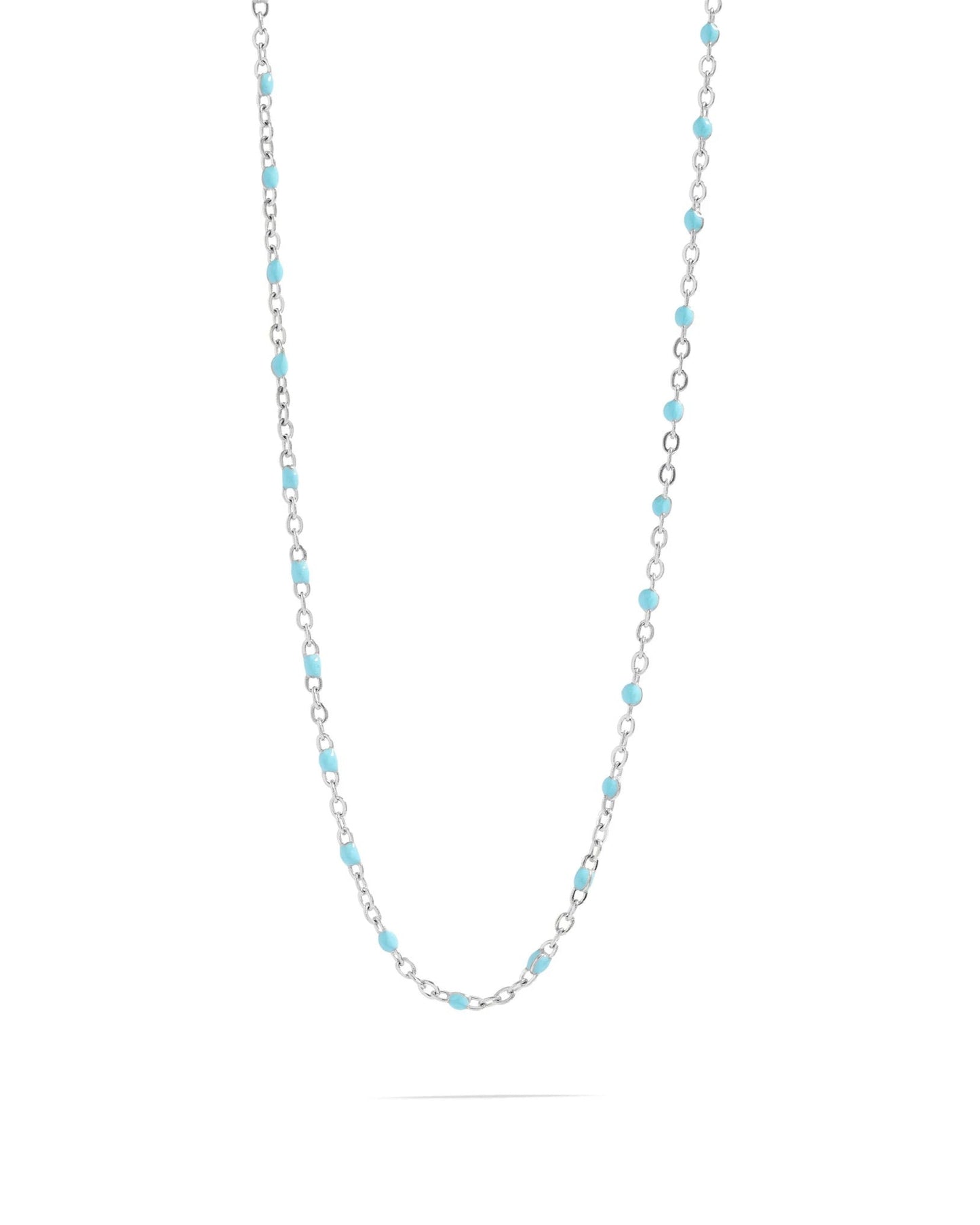 Silver necklace turquoise beads on a white background.