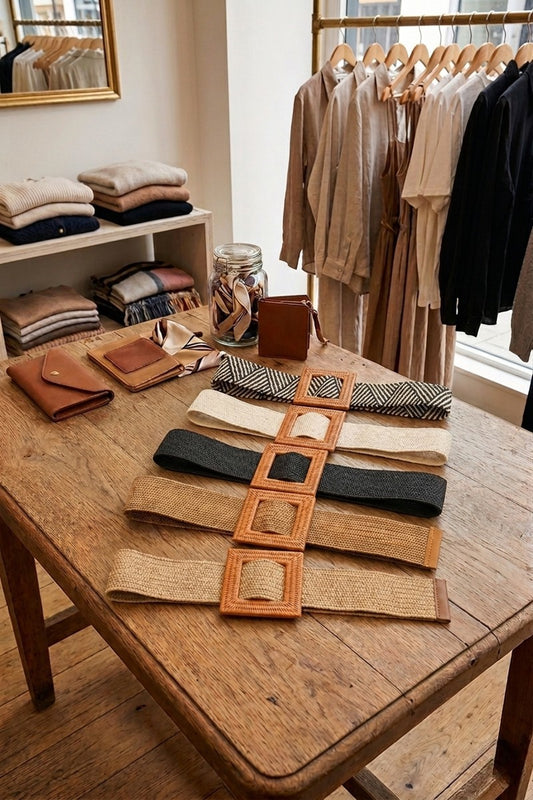 Wanderlust Boho Adjustable Buckle Belt displayed in 5 colors on table in a retail setting. 