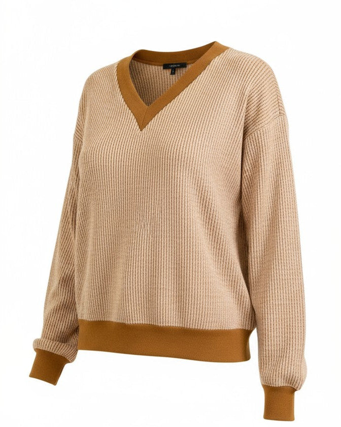 Camel ribbed V-neck pullover with contrast trim, vertical texture, and oversized fit.