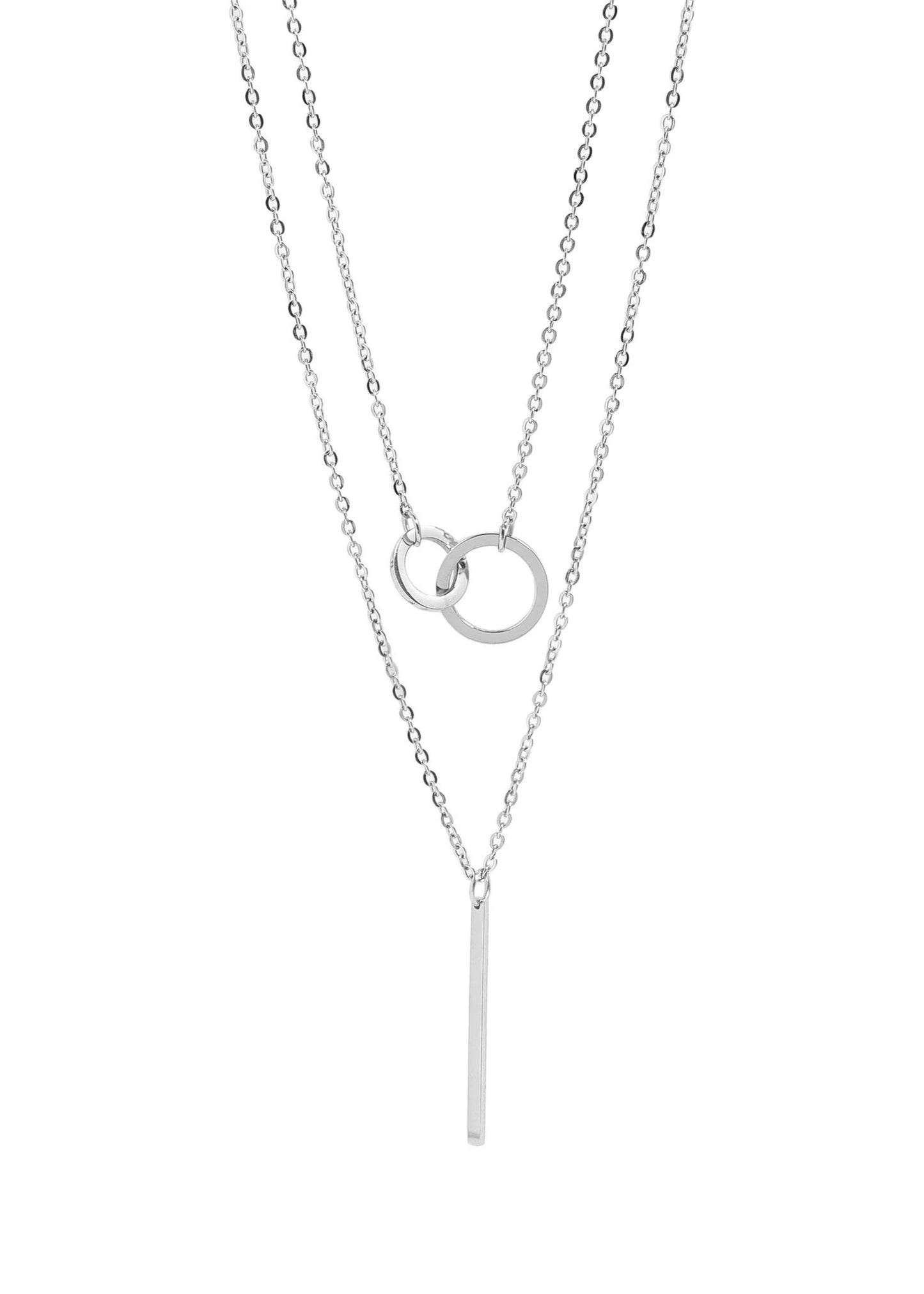 Silver layered necklace featuring two sleek chains, circles and sleek bar, waterproof and tarnish-resistant, crafted from durable stainless steel.
