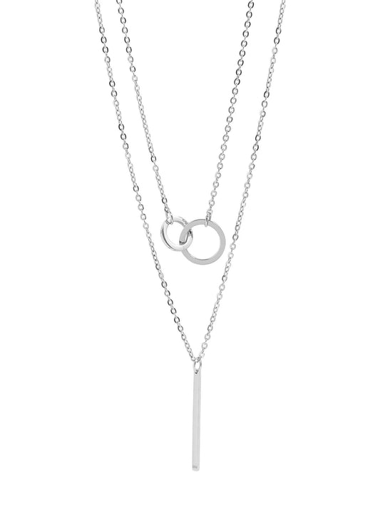 Silver layered necklace featuring two sleek chains, circles and sleek bar, waterproof and tarnish-resistant, crafted from durable stainless steel.
