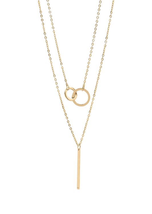 Gold interlock bar and circle layered necklace with two stylish chains, waterproof and tarnish-resistant, made from 18K gold PVD stainless steel.