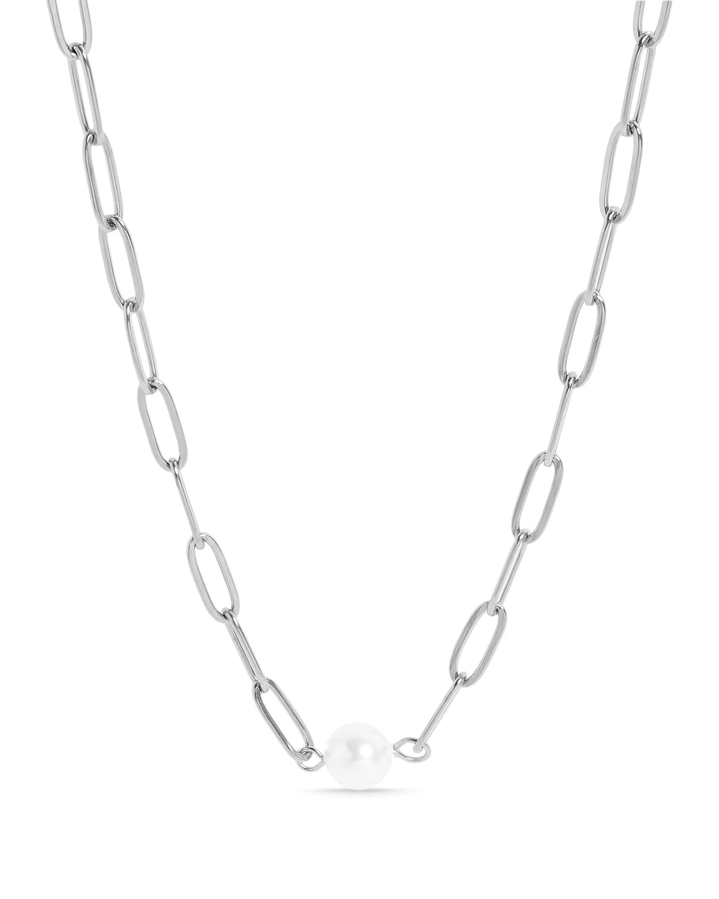 Silver waterproof paperclip pearl necklace with Kiska pearl accent.