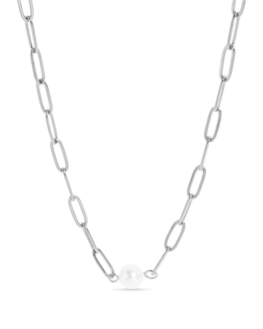 Silver waterproof paperclip pearl necklace with Kiska pearl accent.