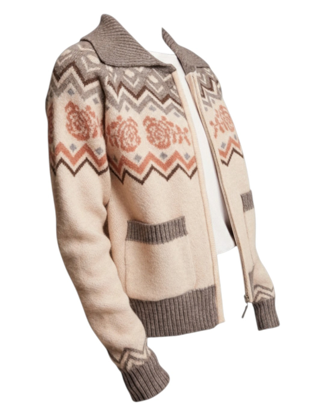 Retro Rose Fair Isle Zip Cardigan in grey, oatmeal, and salmon with floral jacquard  and zigzag pattern with ribbed collar and front pockets.