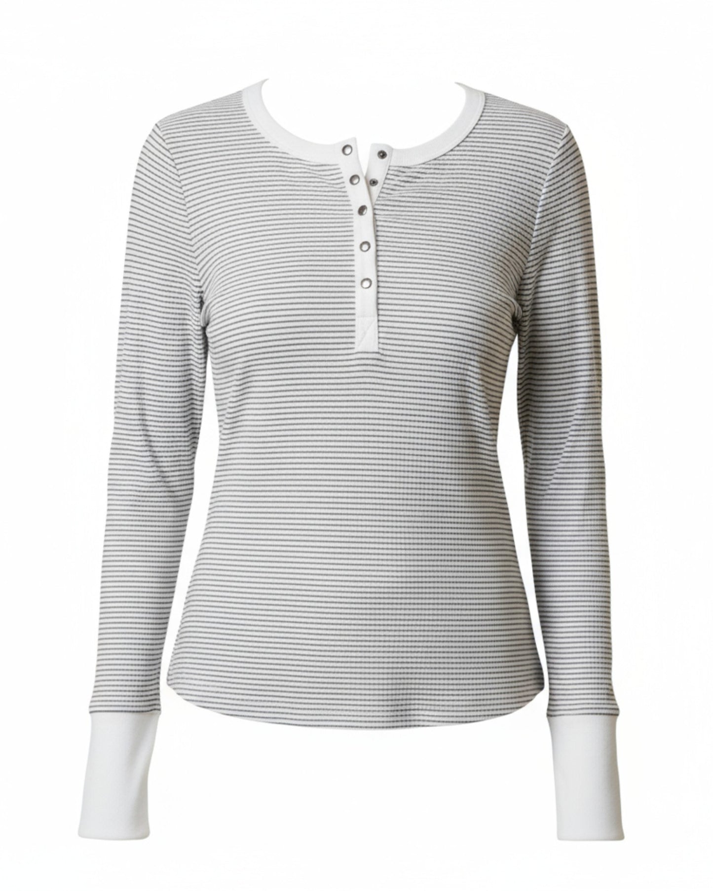 White and Black Striped Henley Top with white contrast on neckline and cuffs and button up placket. 