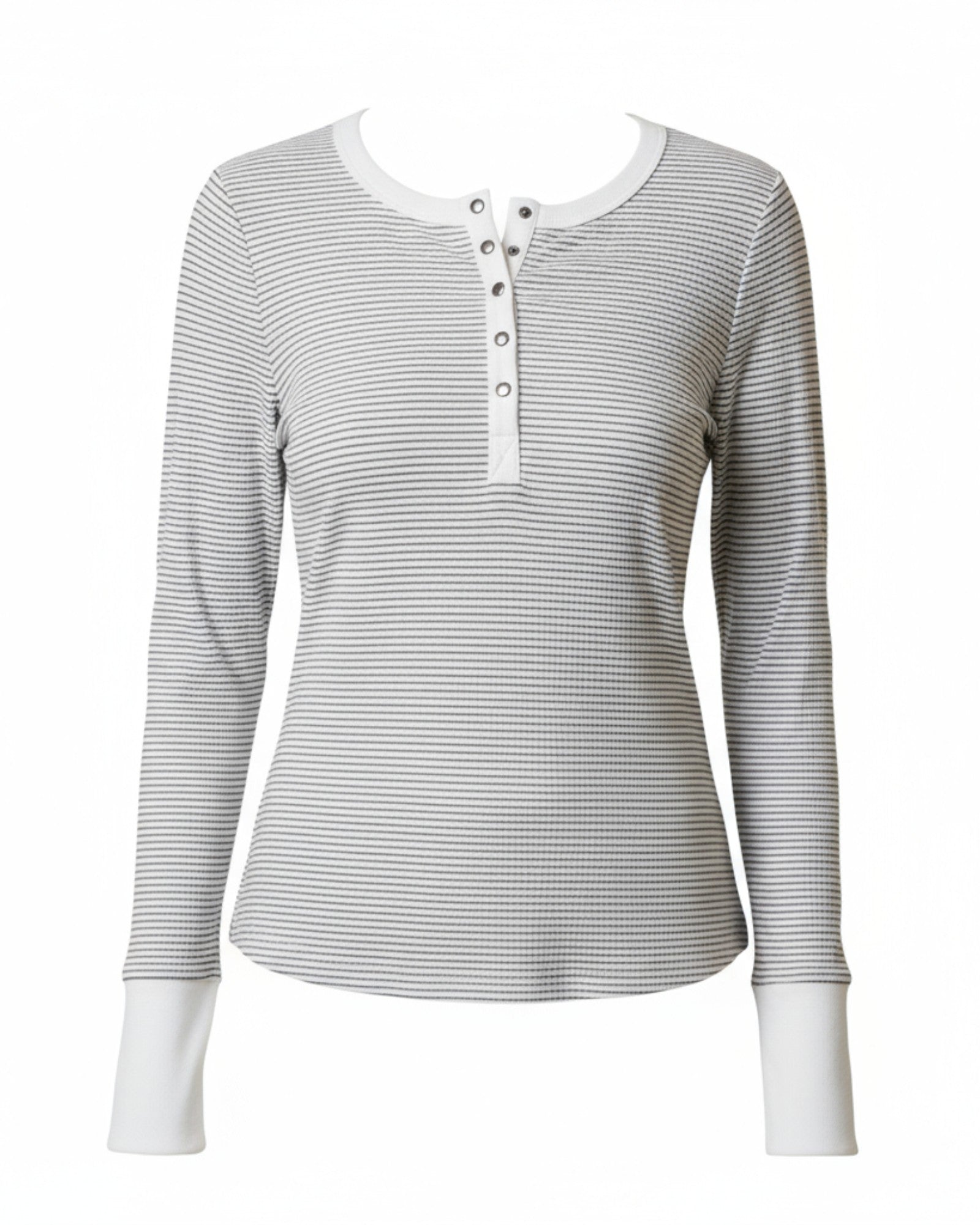 White and Black Striped Henley Top with white contrast on neckline and cuffs and button up placket. 