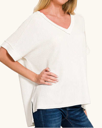Easy Peasy White Textured Short Sleeve Top