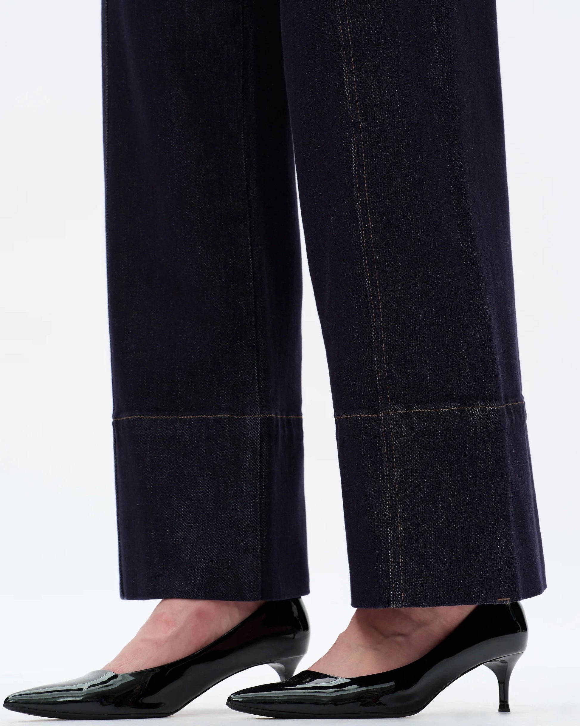 Dark blue wide hem trouser denim jeans.