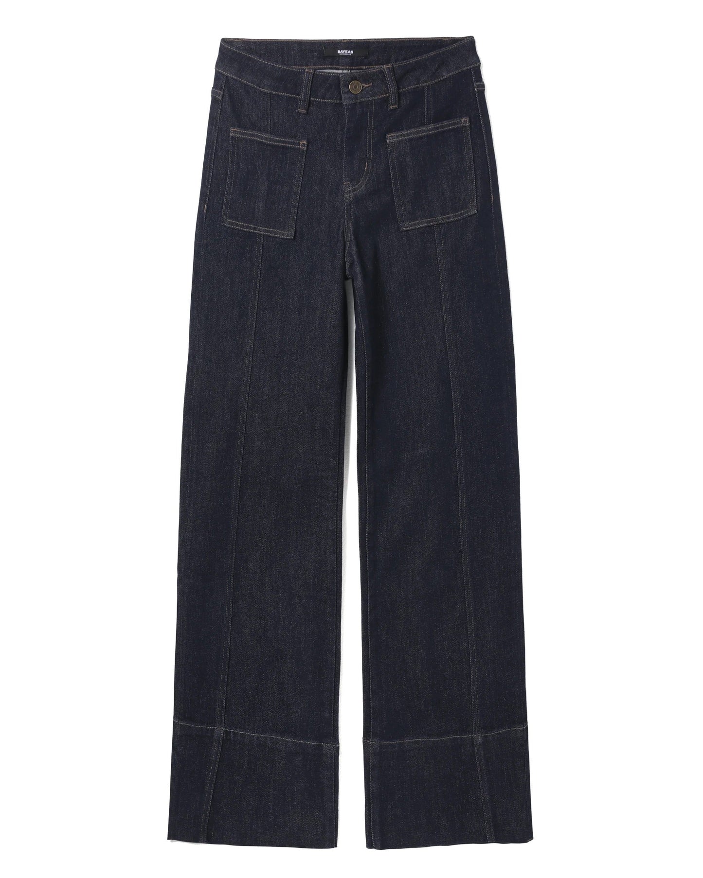 Dark Wash Mid Rise Wide Hem Trouser Jeans with stovepipe leg.