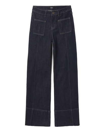 Dark Wash Mid Rise Wide Hem Trouser Jeans with stovepipe leg.