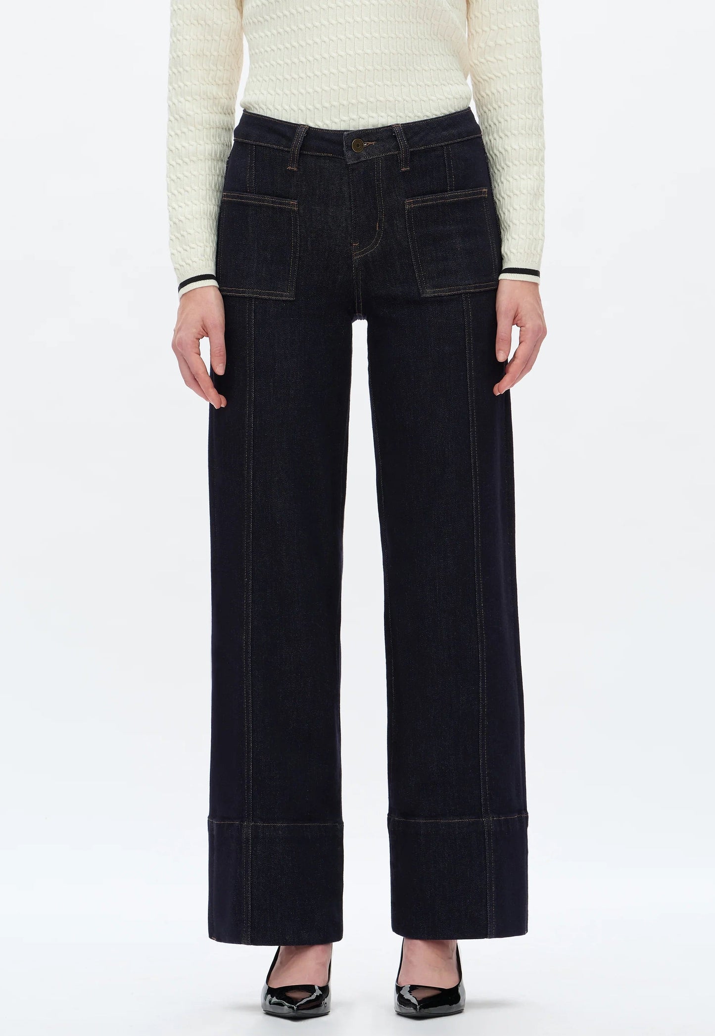 Dark Wash Mid Rise Wide Hem Trouser Jeans with stovepipe leg and soft stretch denim.