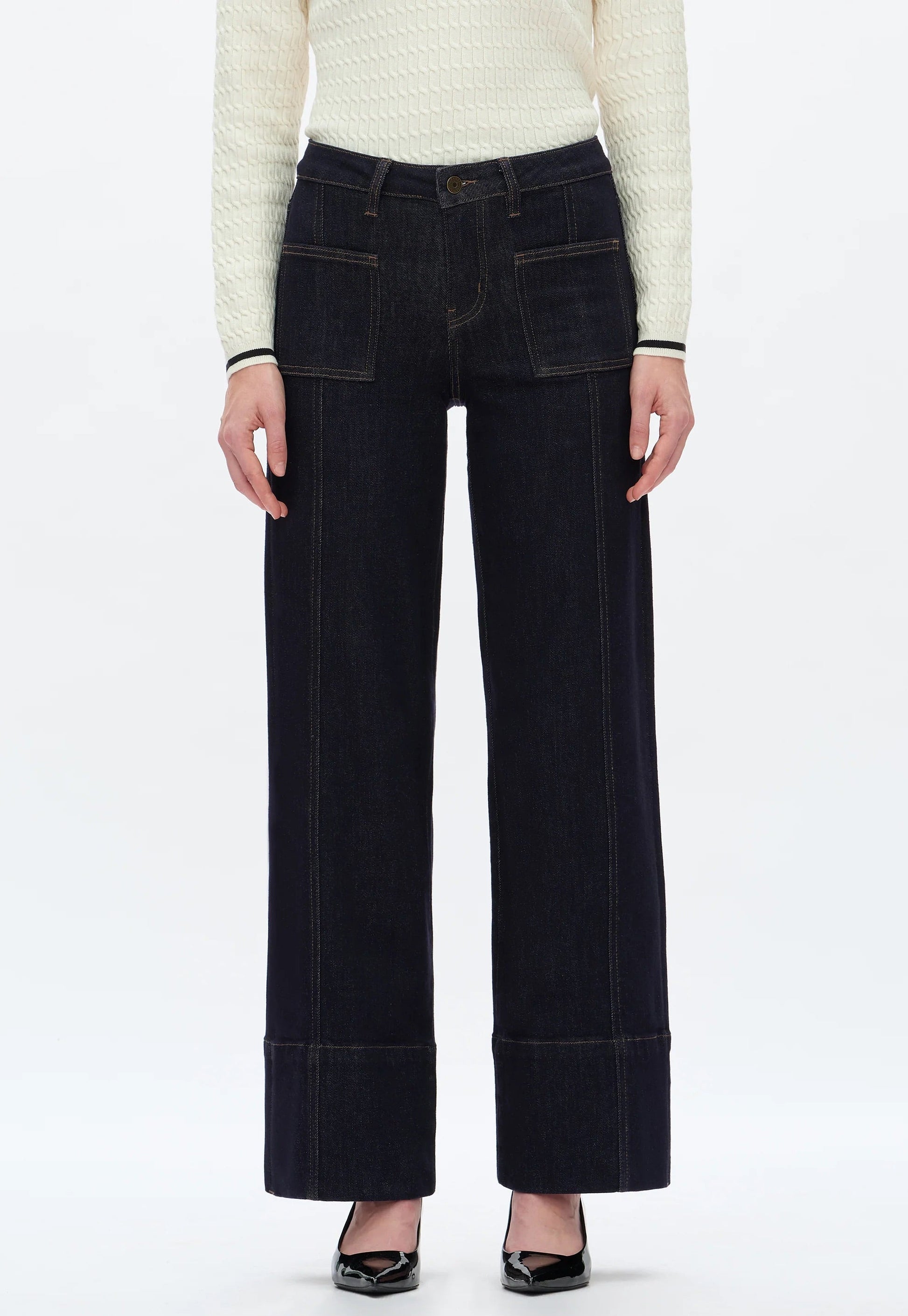 Dark Wash Mid Rise Wide Hem Trouser Jeans with stovepipe leg and soft stretch denim.