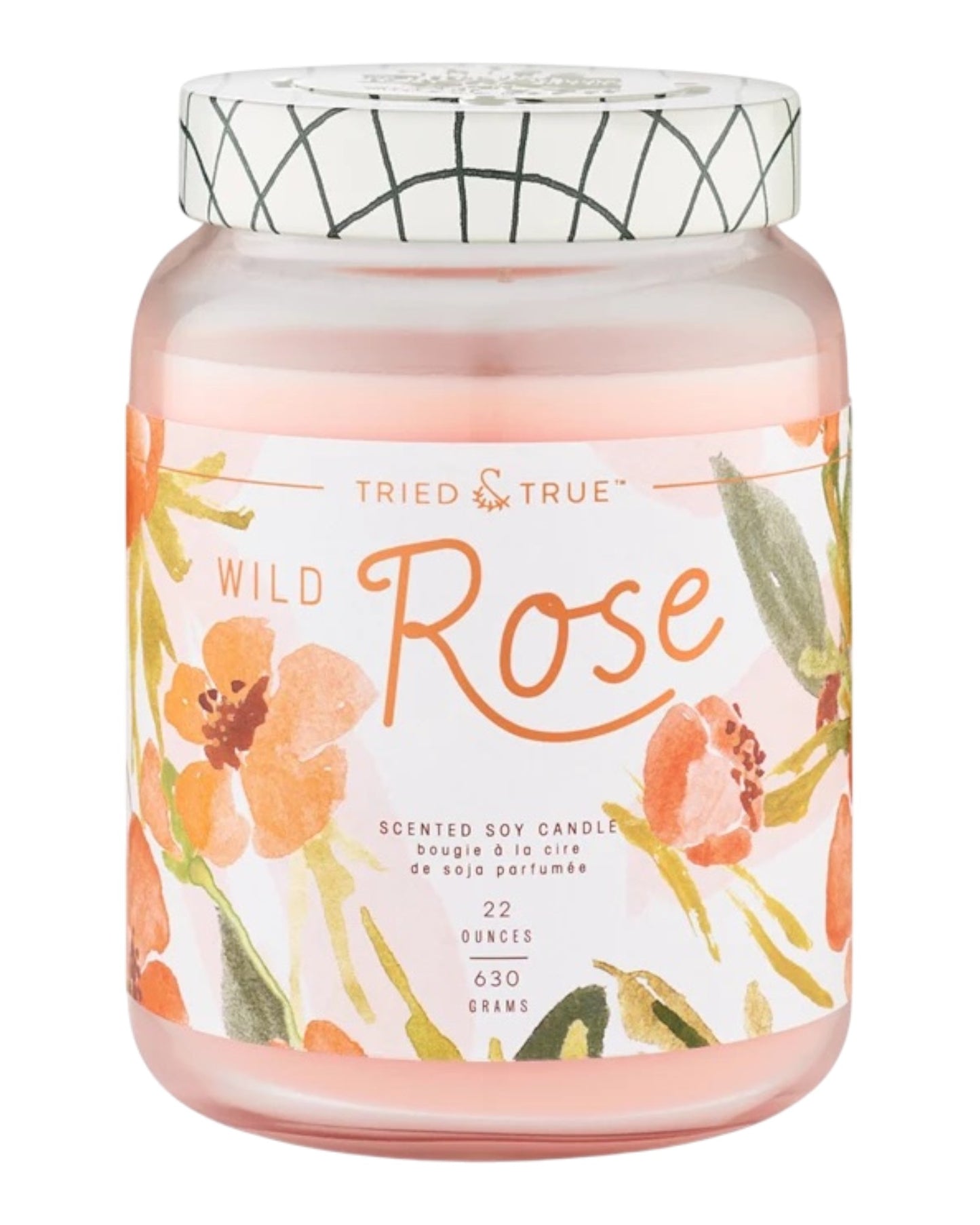 Candle jar labeled 'Wild Rose' with floral design on a white background.