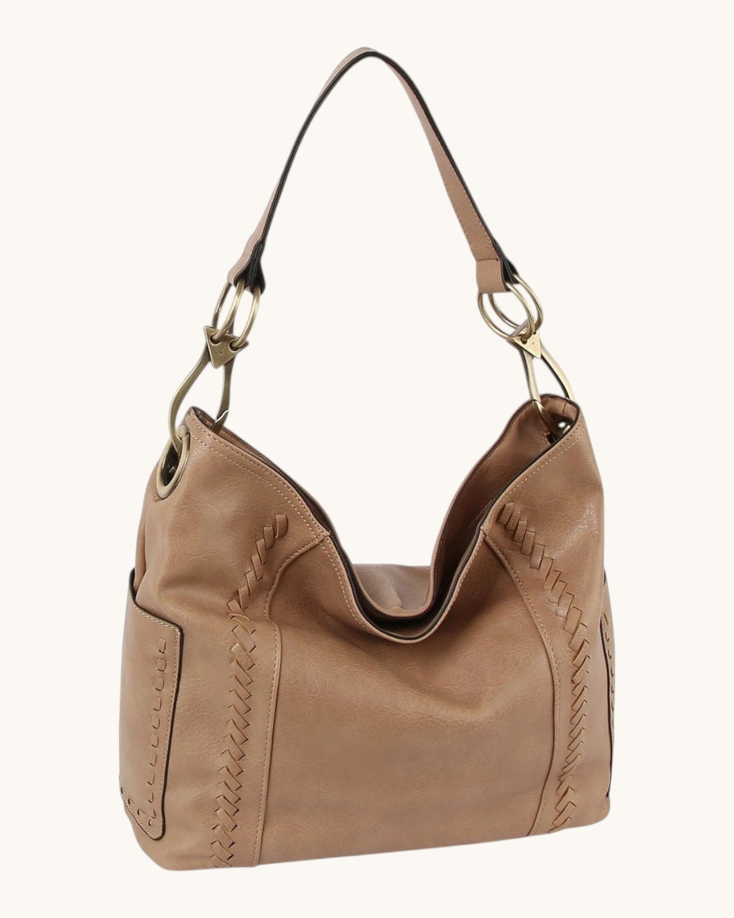 Brown leather hobo handbag with bronze hardware on a white background.