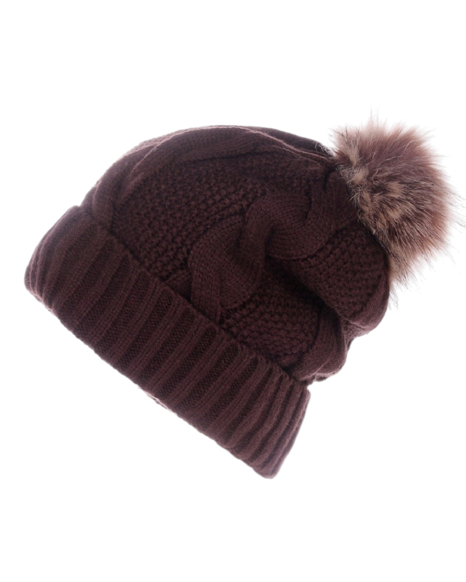 Brown knitted beanie with a fur pom-pom on a white background.