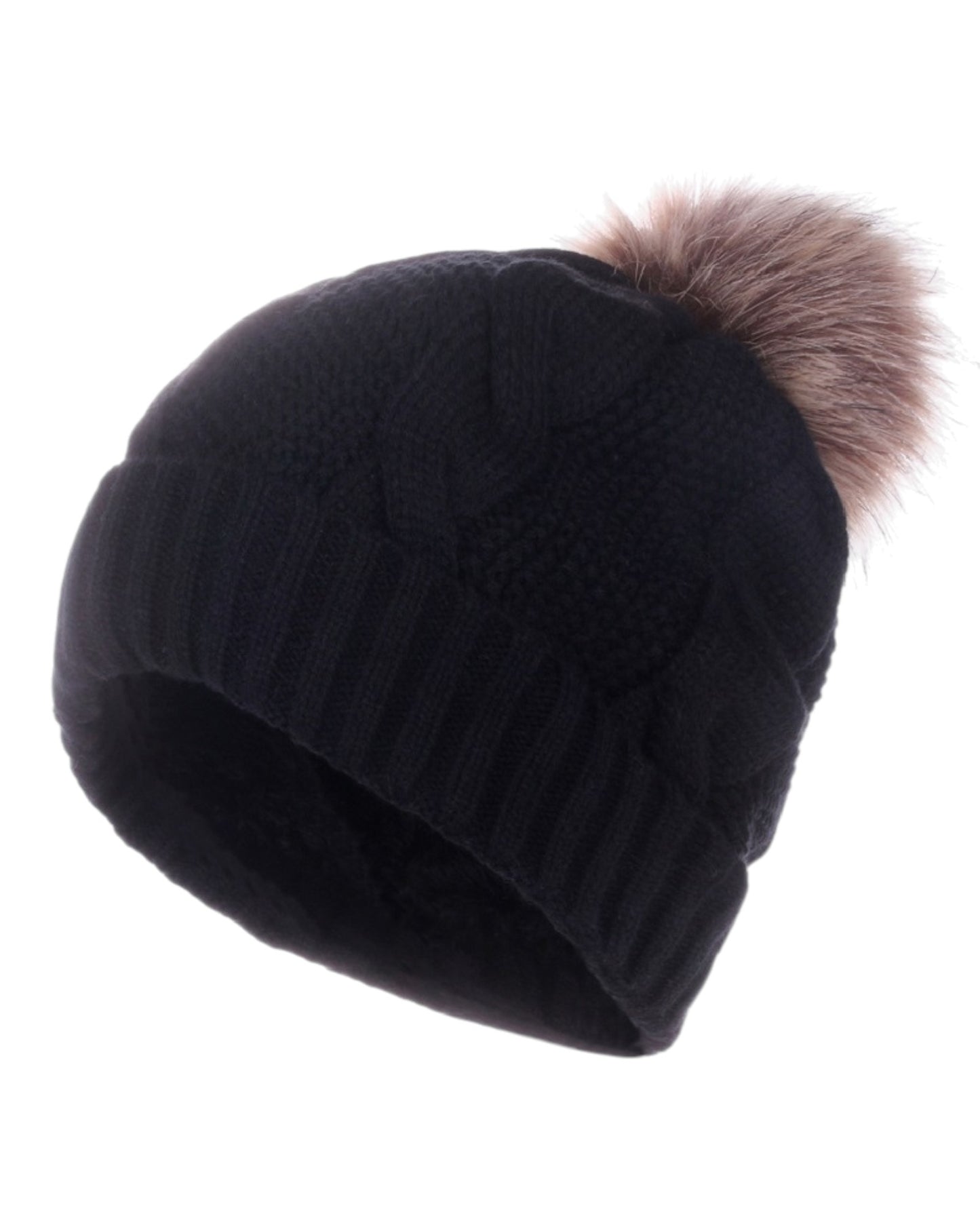 Black knit beanie with a brown fur pom-pom on a white background.