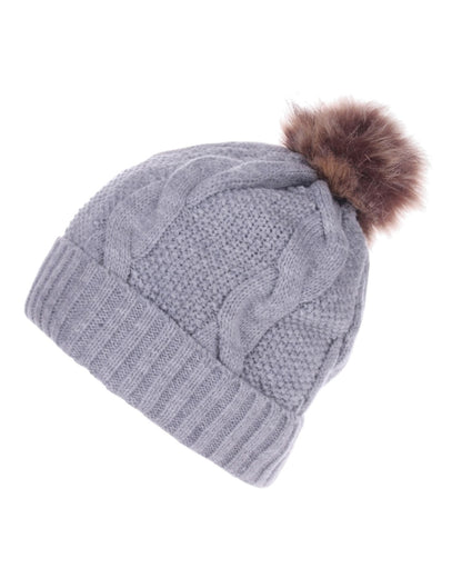 Gray knitted beanie with a brown pom-pom on a white background.