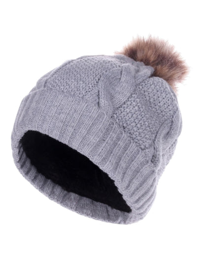 Gray knit beanie with a brown pom-pom on a white background.