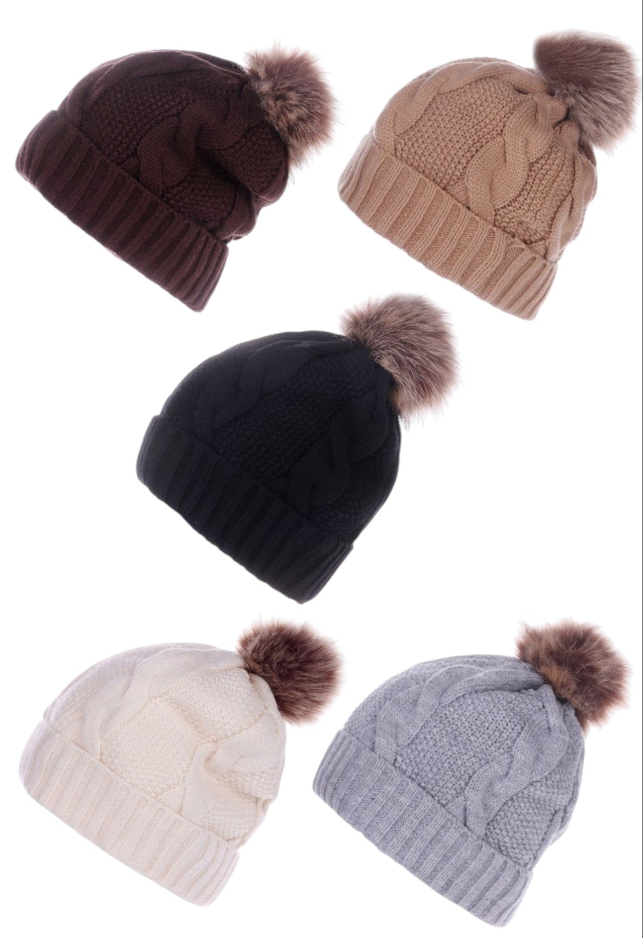 Set of five knit hats in different colors with pom-poms on a white background.