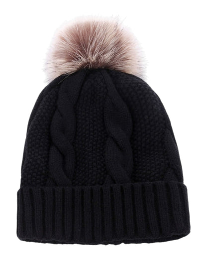 Black knit beanie with a fur pom-pom on a white background.