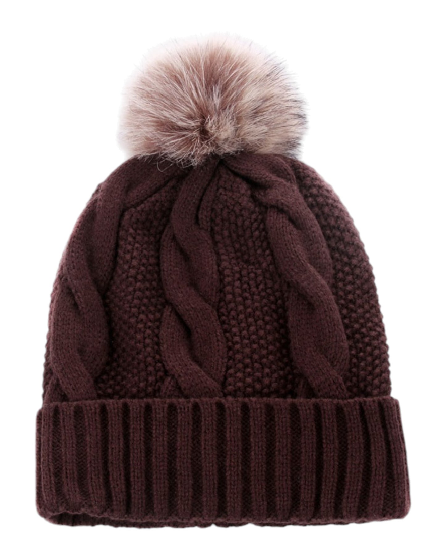 Brown knitted beanie with a fur pom-pom on a white background.