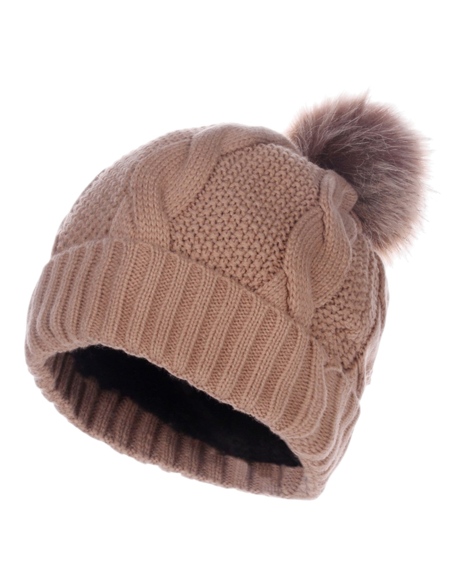 Knitted Camel beanie with a pom-pom on a white background.
