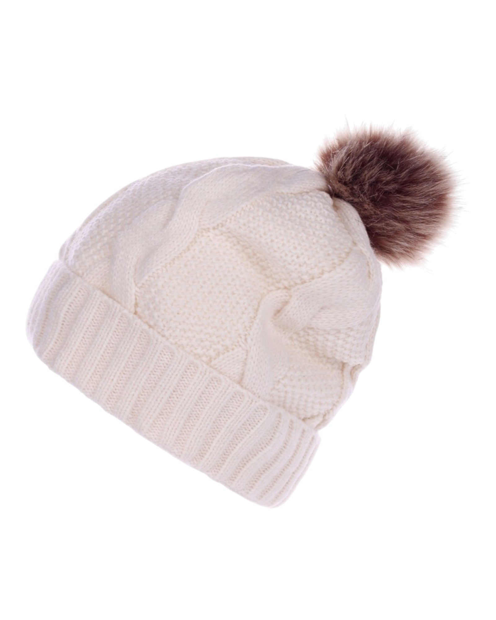 Ivory knit beanie with a brown fur pom-pom on a white background