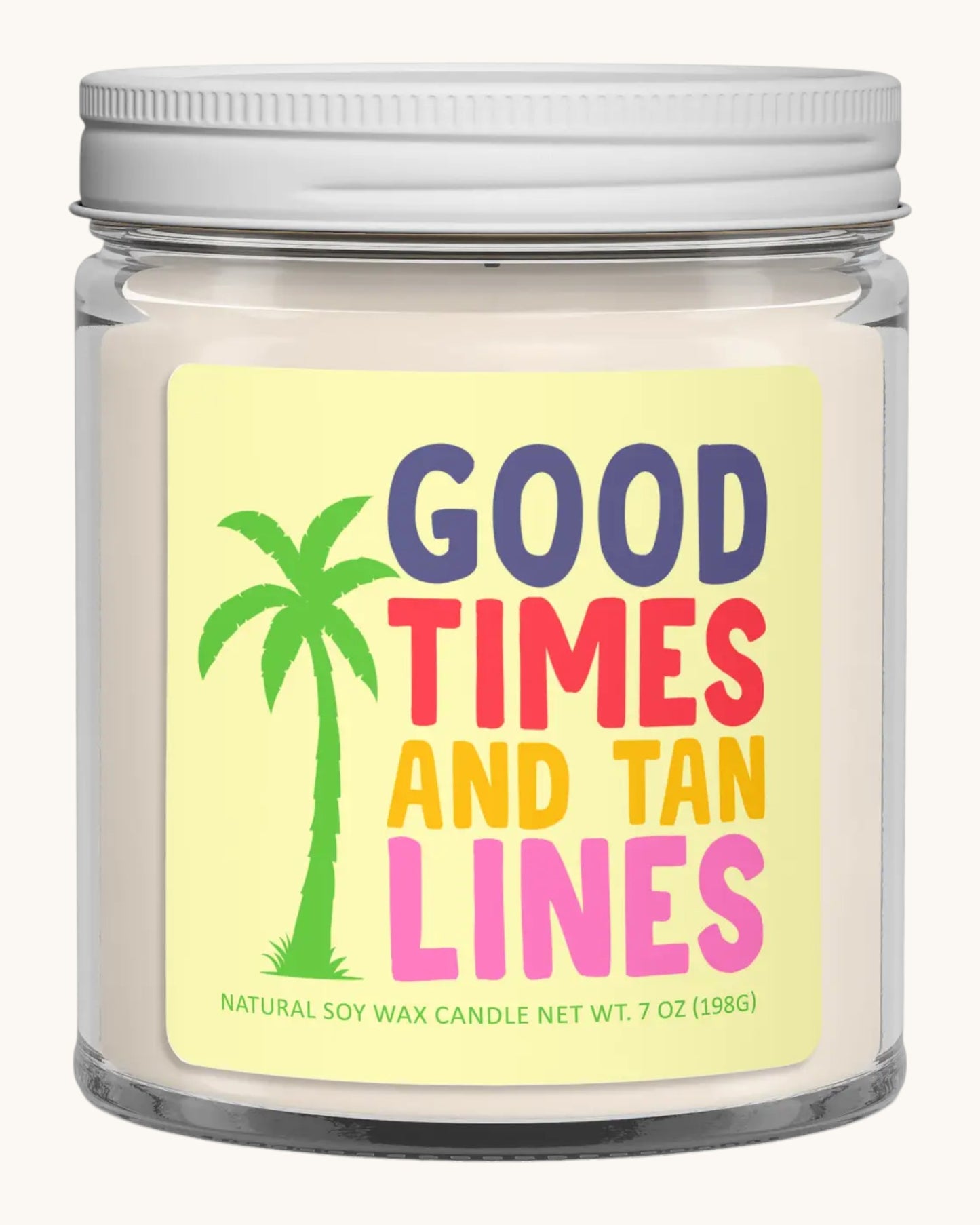 Candle jar with 'Good Times and Tan Lines' label on a white background.
