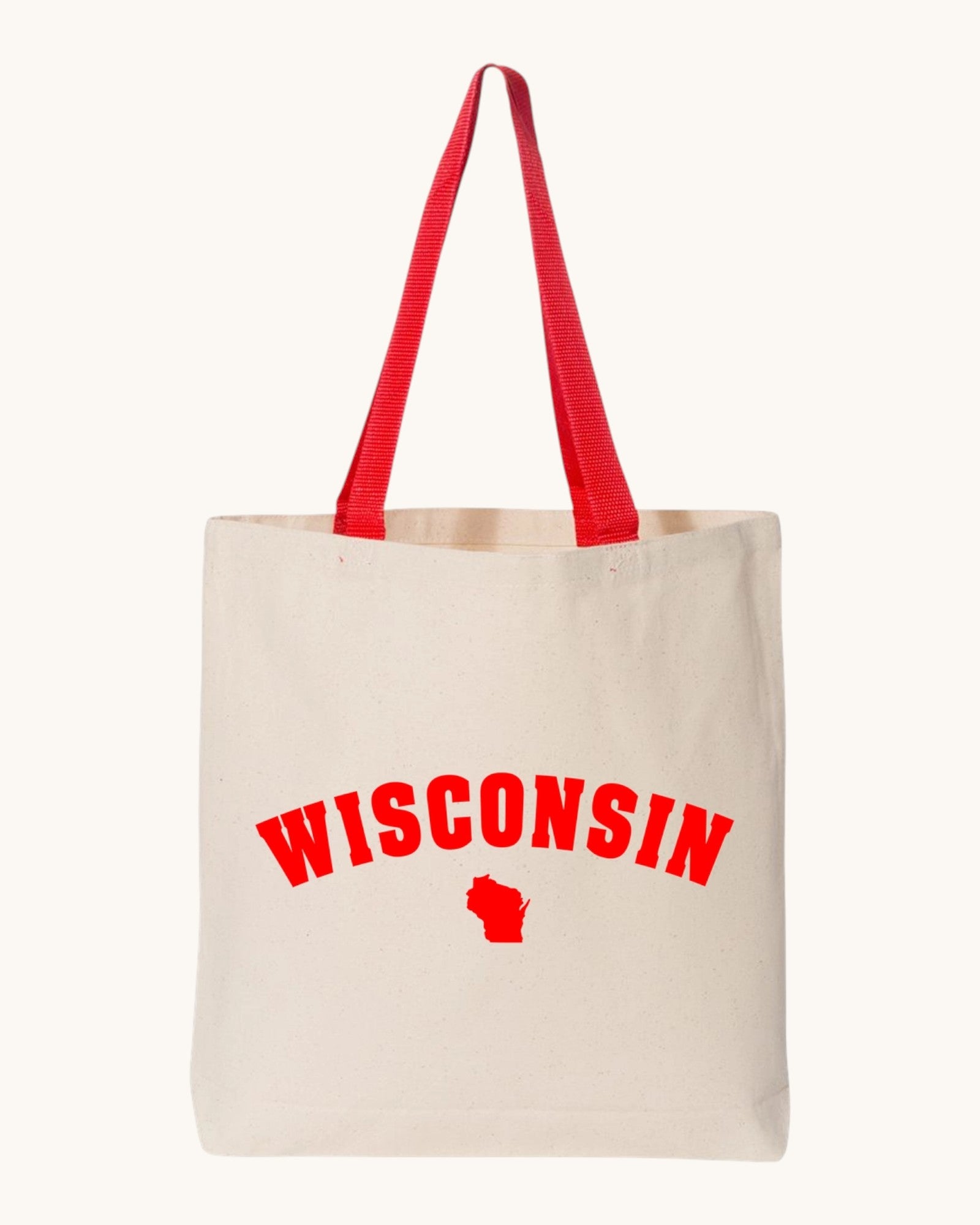 Tote bag with 'Wisconsin' and a red state outline on a white background.