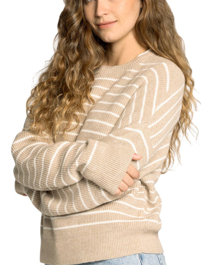 Taupe and ivory striped ribbed knit sweater with crew neckline and relaxed fit