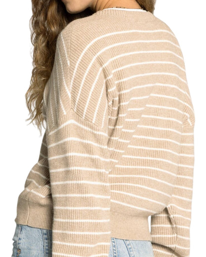 Taupe and ivory striped ribbed knit sweater with crew neckline and relaxed fit