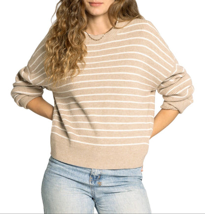 Taupe and ivory striped ribbed knit sweater with crew neckline and relaxed fit