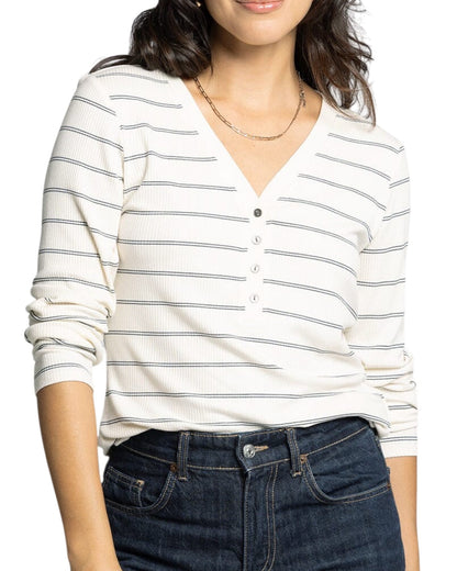 Off white and navy striped long sleeve Henley top with V neckline. 