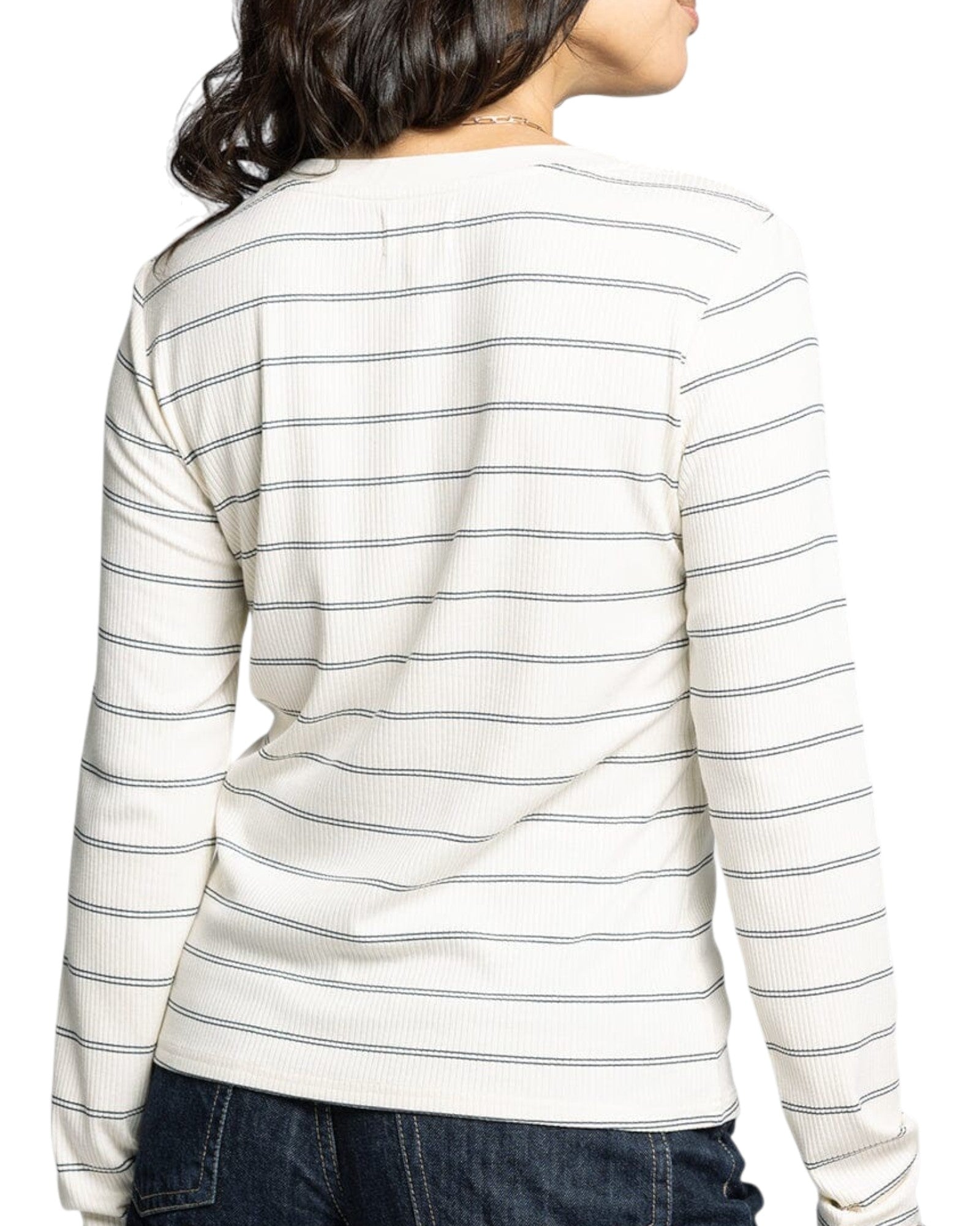 Off white and navy striped long sleeve Henley top with V neckline. 