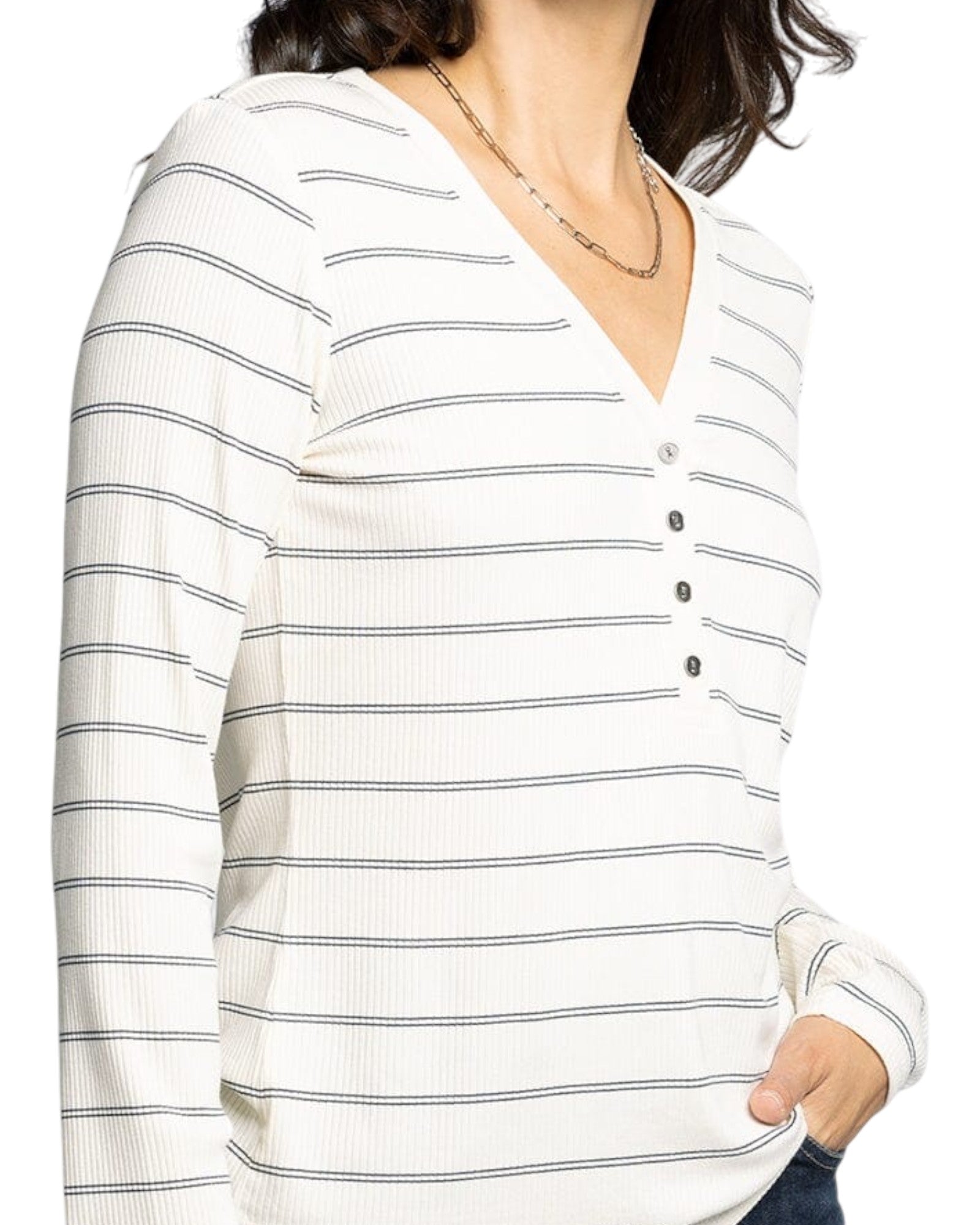 Off white and navy striped long sleeve Henley top with V neckline. 