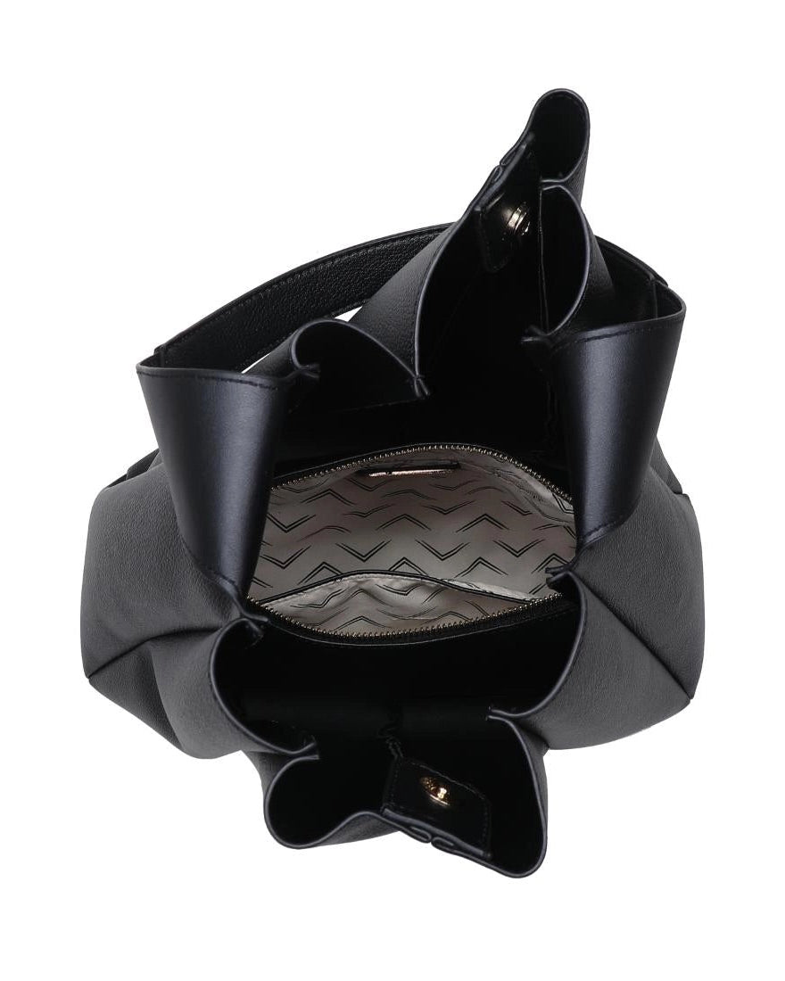 Interior view of a Black leather pleated handbag on a white background.