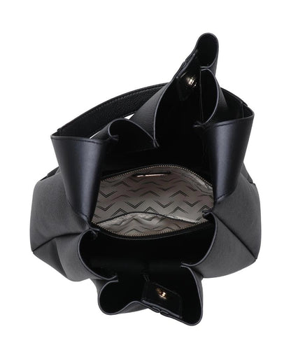 Interior view of a Black leather pleated handbag on a white background.
