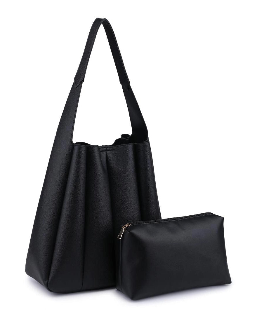 Black handbag with matching pouch on a white background