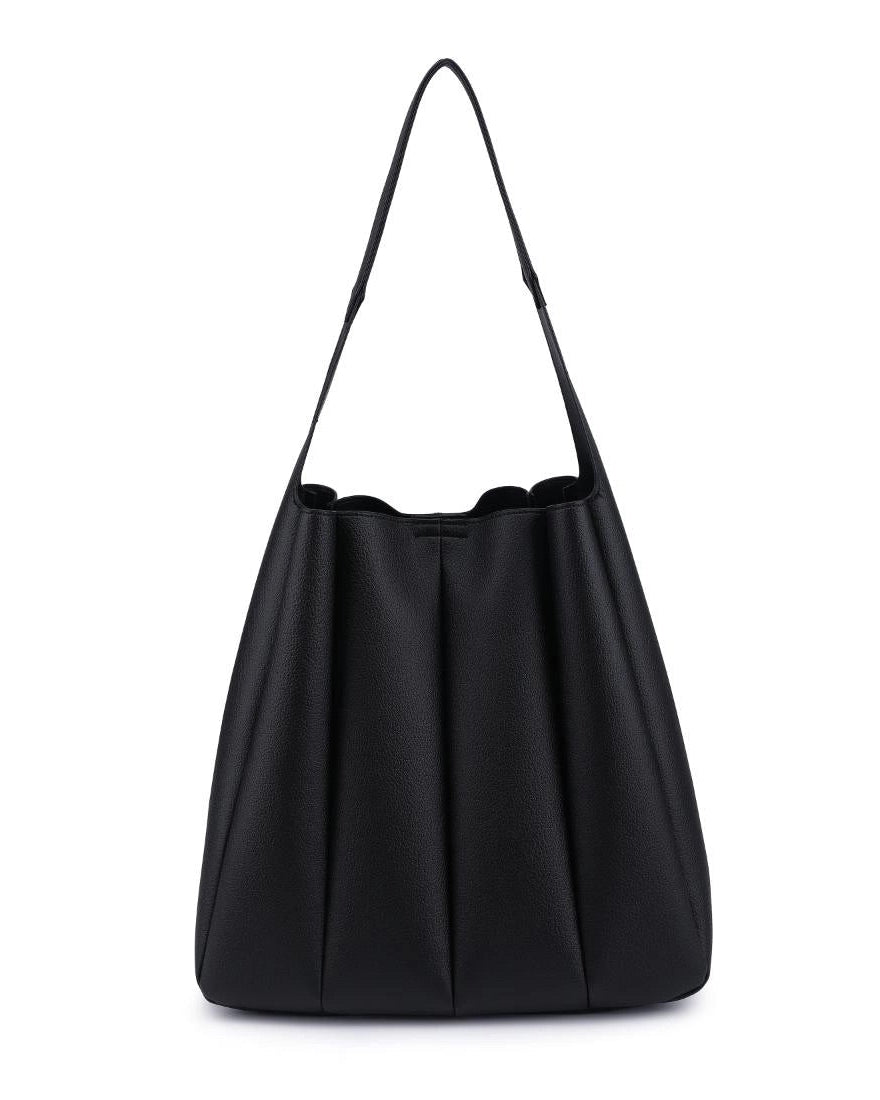 Black pleated leather handbag on a white background