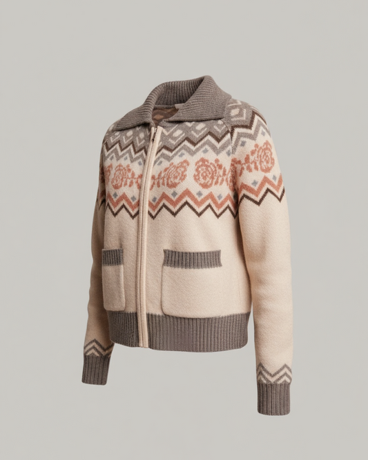 Retro Rose Fair Isle Zip Cardigan in grey, oatmeal, and salmon with floral jacquard  and zigzag pattern with ribbed collar and front pockets.