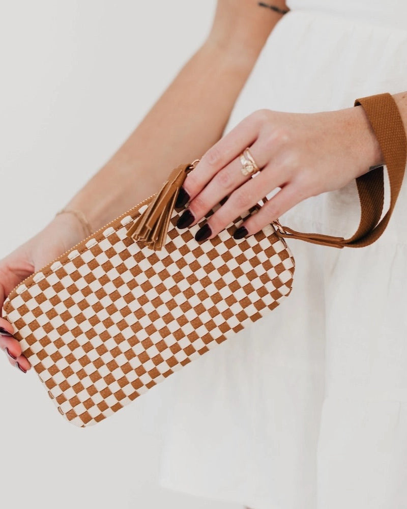 Woven Vegan Leather Wristlet or Clutch with removable strap – Toffee Brown and White Checker Print  