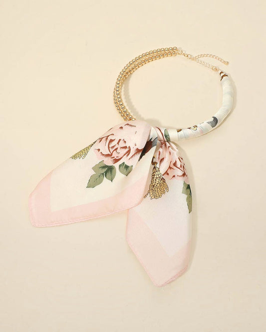 Pink Floral Scarf Gold Bubble Chain Necklace