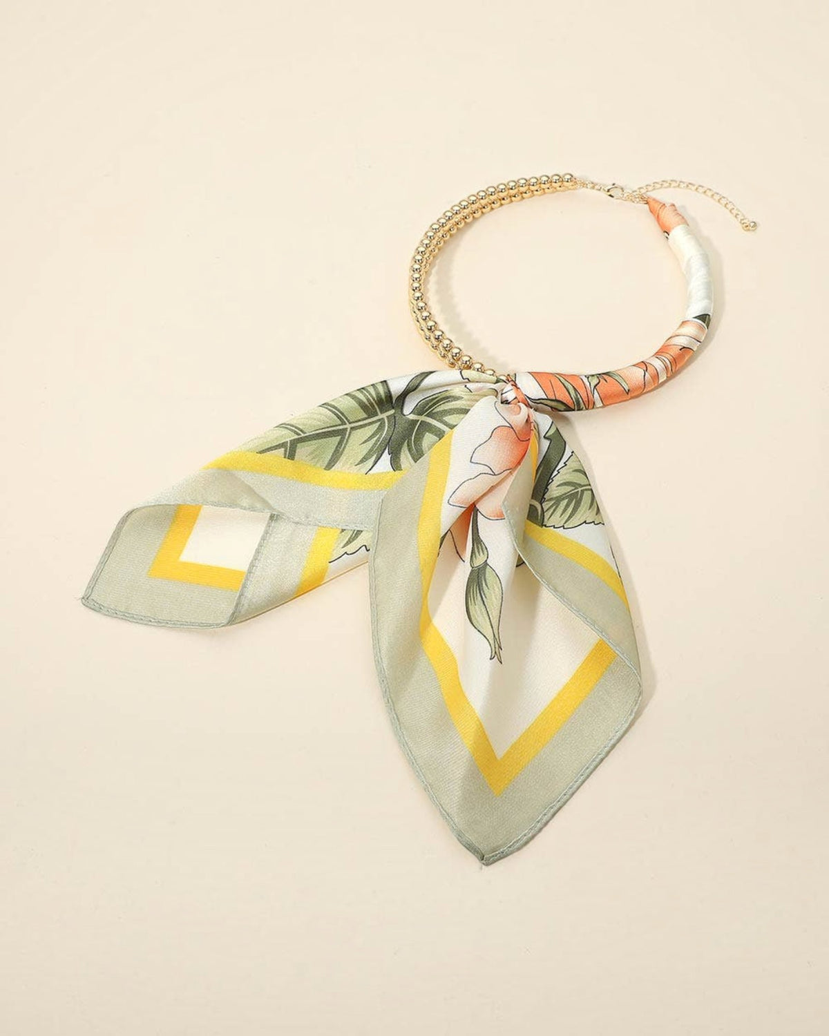 Sage floral scarf necklace with gold bubble chain.